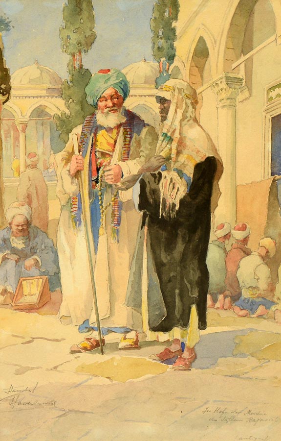 Dans la cour de la Mosque du, Kağıt üzerine suluboya- Watercolor on paper, 45×29 cm